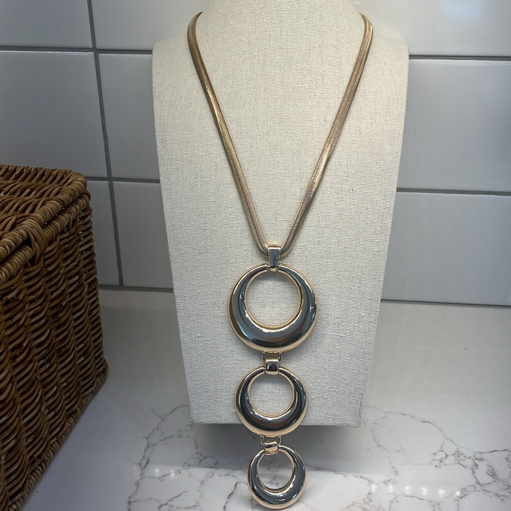 Designer Jules B Signed Necklace 3 Hoops approx. 6” long Pendant on Snake Chain